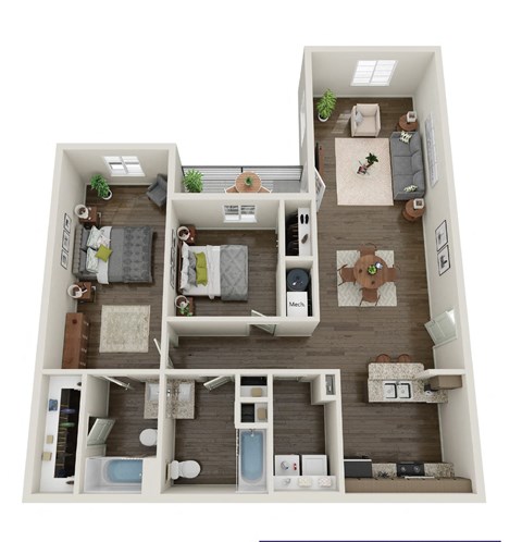 Floor plan for 2 beds, 2 baths, 988 sqft